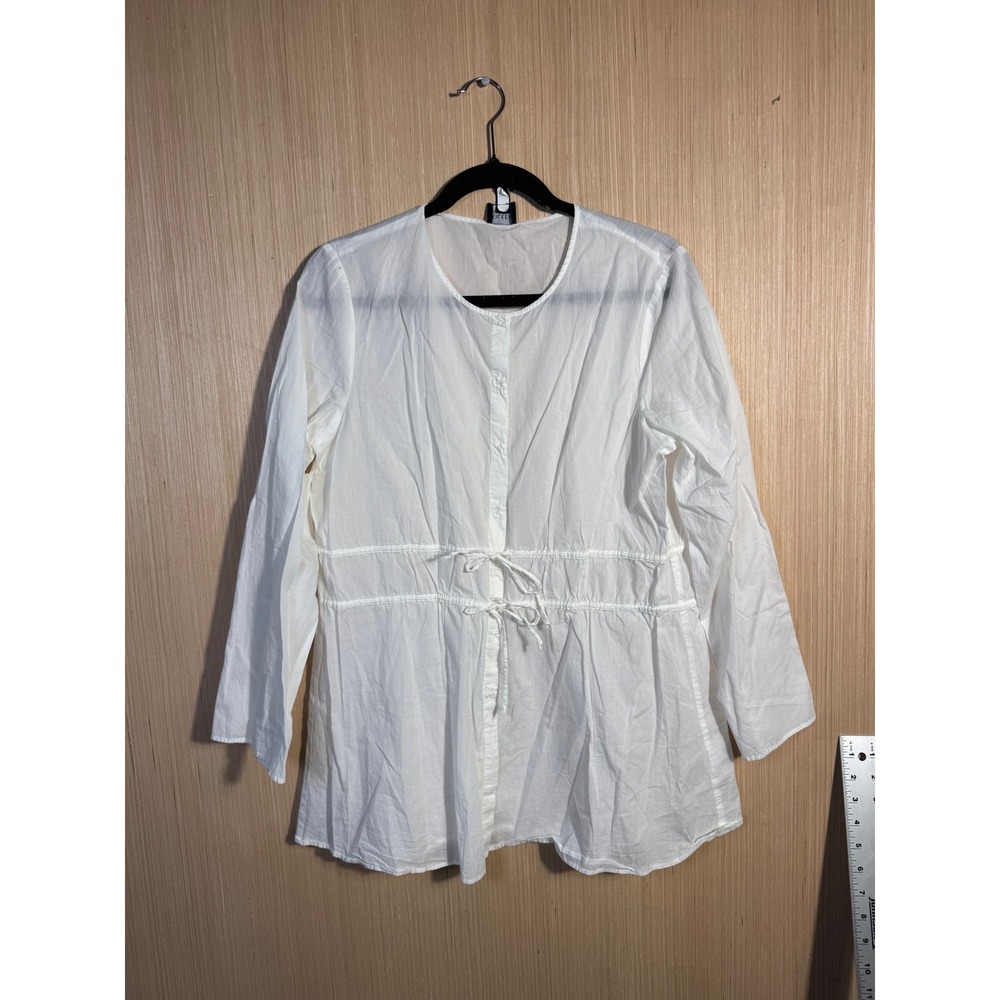 Eileen Fisher White Cotton Button Up Drawstring Waist Peplum Tunic Blouse L